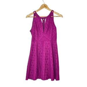 Free People Purple Textured Fit Flare Mini Dress Keyhole Back Zipper Size 0